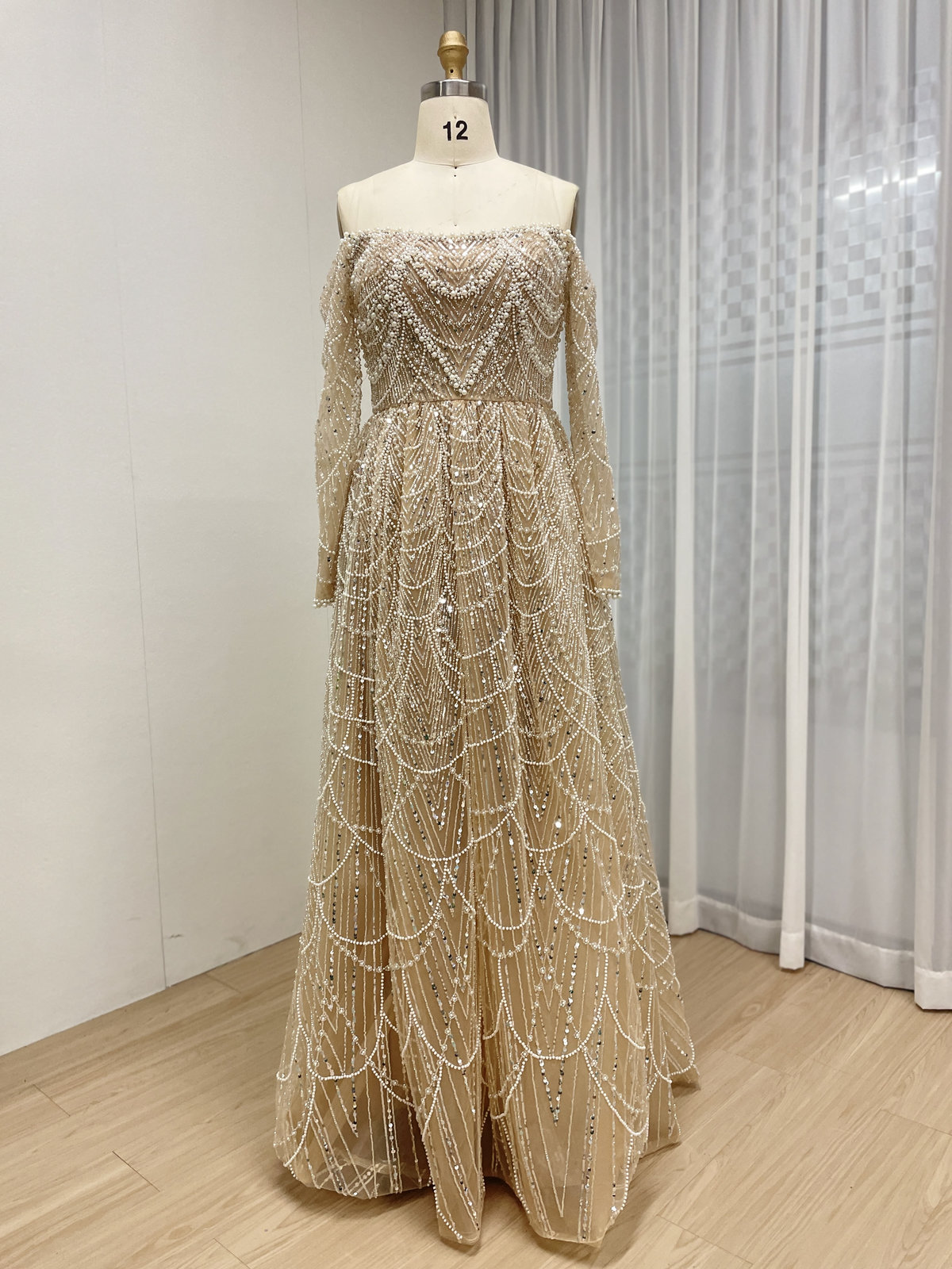 Champagne Off-Shoulder Long Sleeve A-Line Evening Gown with Full Beaded Scallop Pattern MY30105L-2L