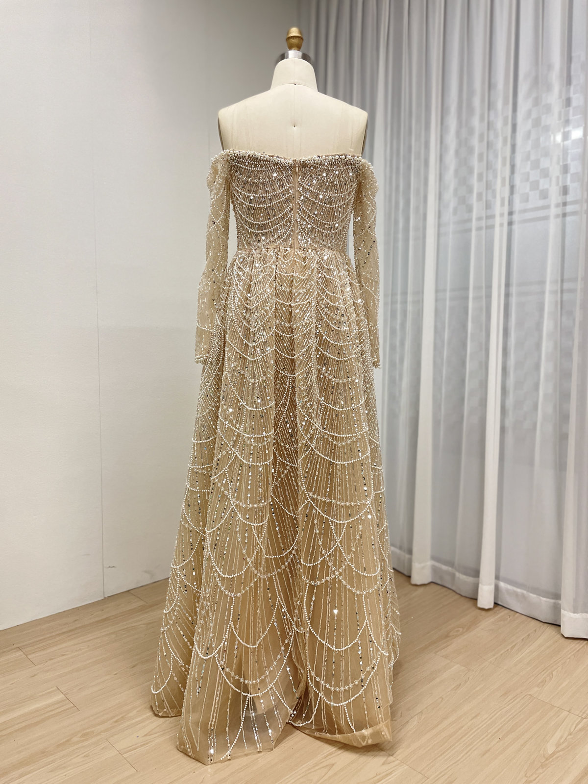 Champagne Off-Shoulder Long Sleeve A-Line Evening Gown with Full Beaded Scallop Pattern MY30105L-2L - 图片 6