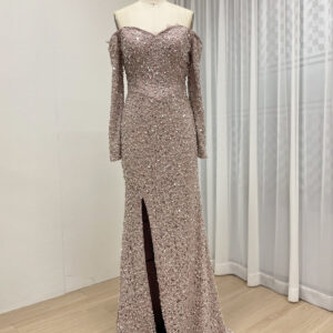 Blush Pink Off-Shoulder Sequin Mermaid Evening Gown with Long Sleeves & Front Slit MY30170