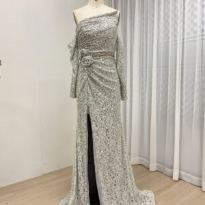 Silver One-Shoulder Sequin Evening Gown with Flower Waist Detail & Front Slit MY30189