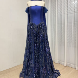 Royal Blue Off-Shoulder Satin Evening Gown with Sequin Embroidered Skirt and Long Back Scarf MY30201