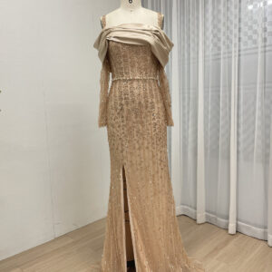 Champagne Gold Off-Shoulder Satin & Beaded Evening Gown with Long Sleeves and Front Slit MY30202