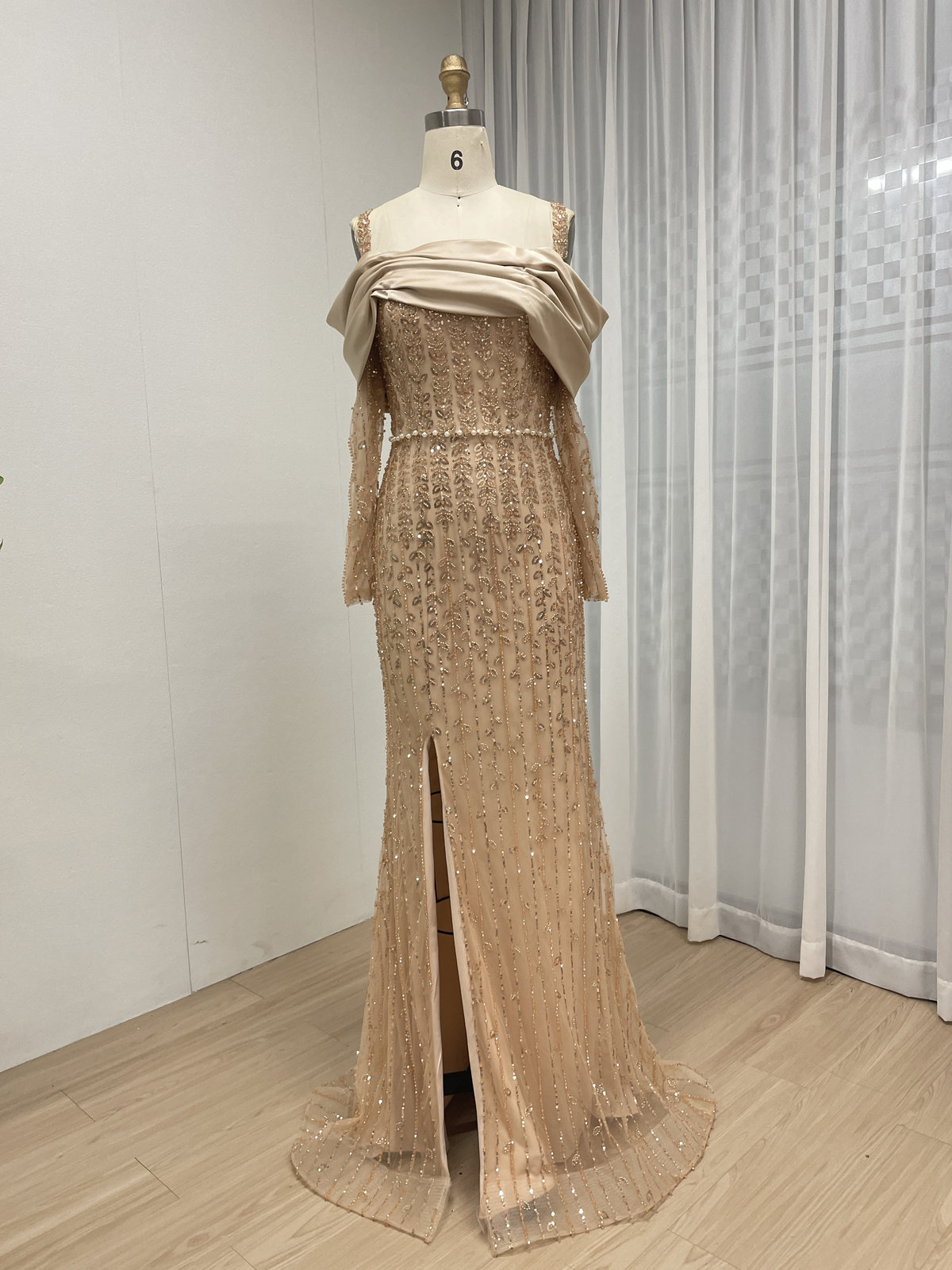 Champagne Gold Off-Shoulder Satin & Beaded Evening Gown with Long Sleeves and Front Slit MY30202
