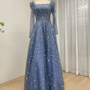 Dusty Blue A-Line Evening Gown with Long Sleeves and 3D Sequin Embellished Tulle MY30203