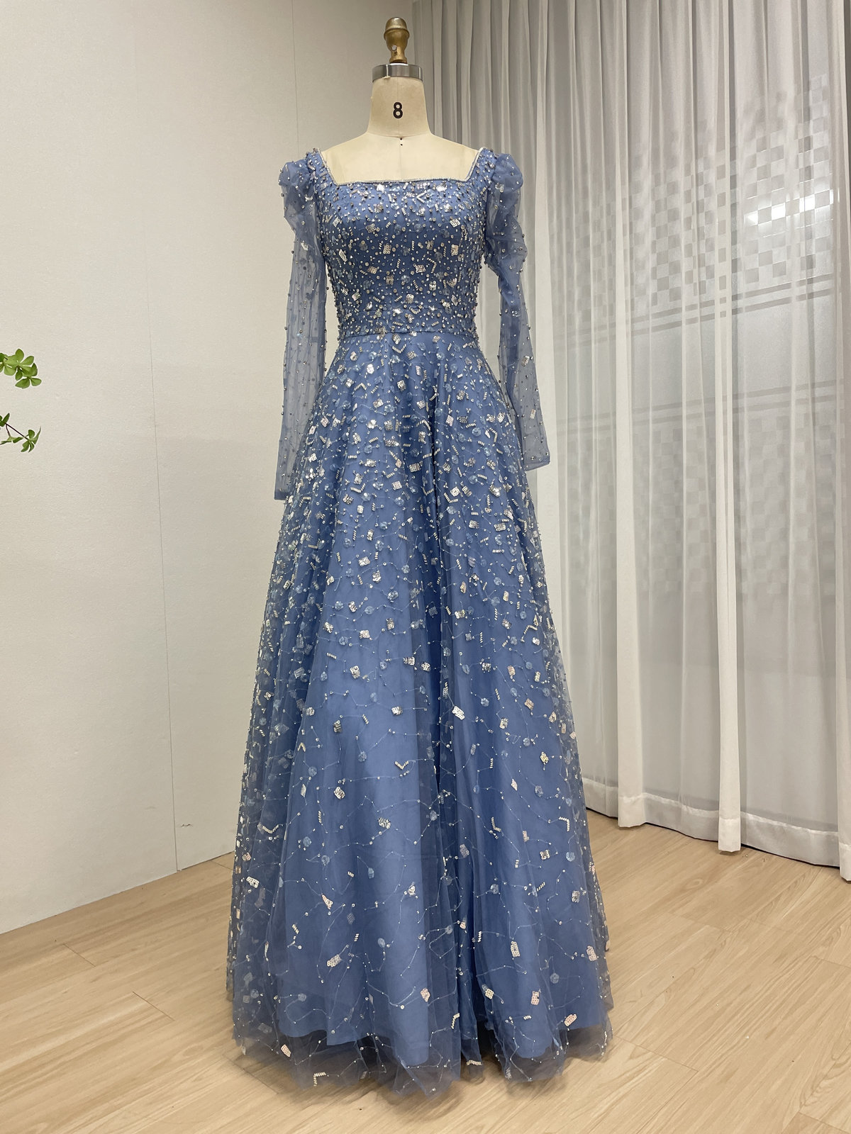 Dusty Blue A-Line Evening Gown with Long Sleeves and 3D Sequin Embellished Tulle MY30203