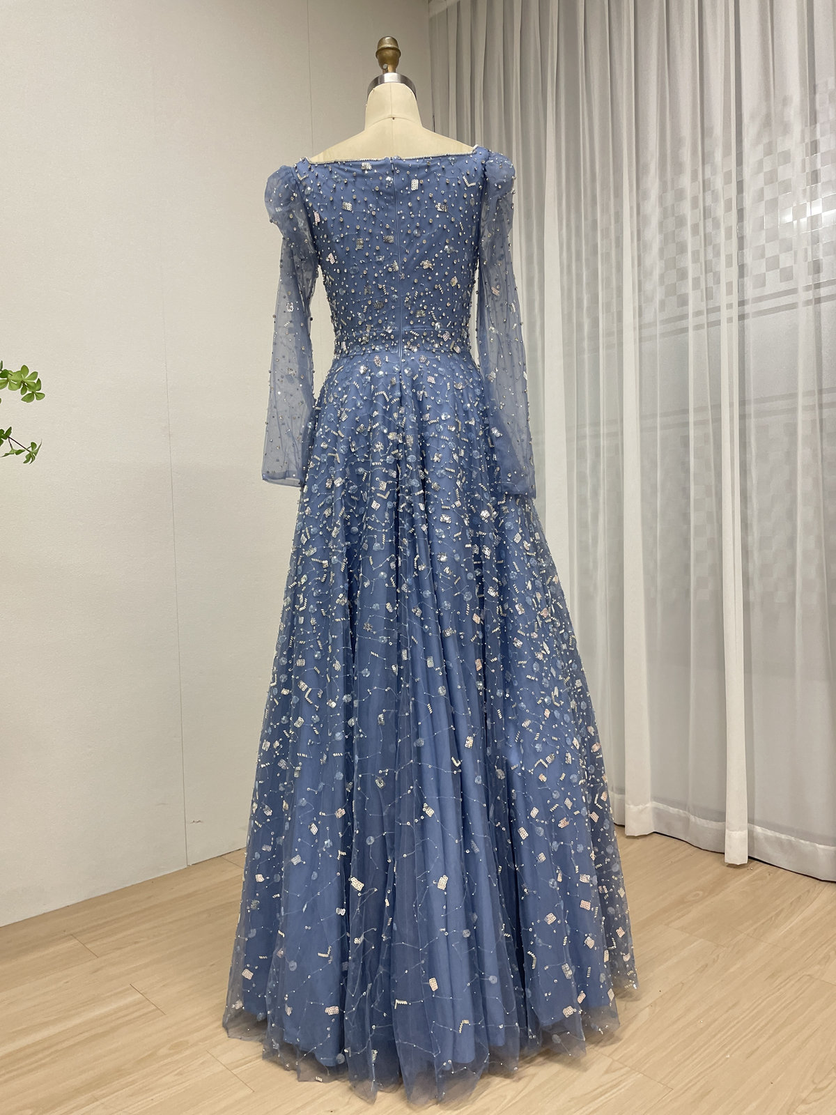 Dusty Blue A-Line Evening Gown with Long Sleeves and 3D Sequin Embellished Tulle MY30203 - 图片 5