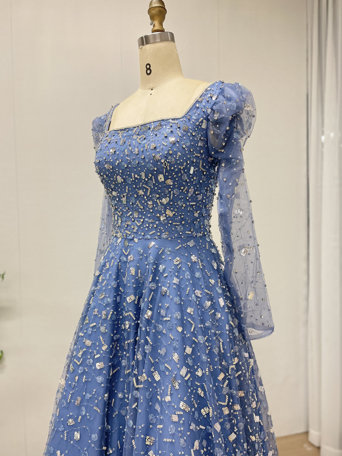 Dusty Blue A-Line Evening Gown with Long Sleeves and 3D Sequin Embellished Tulle MY30203 - 图片 4