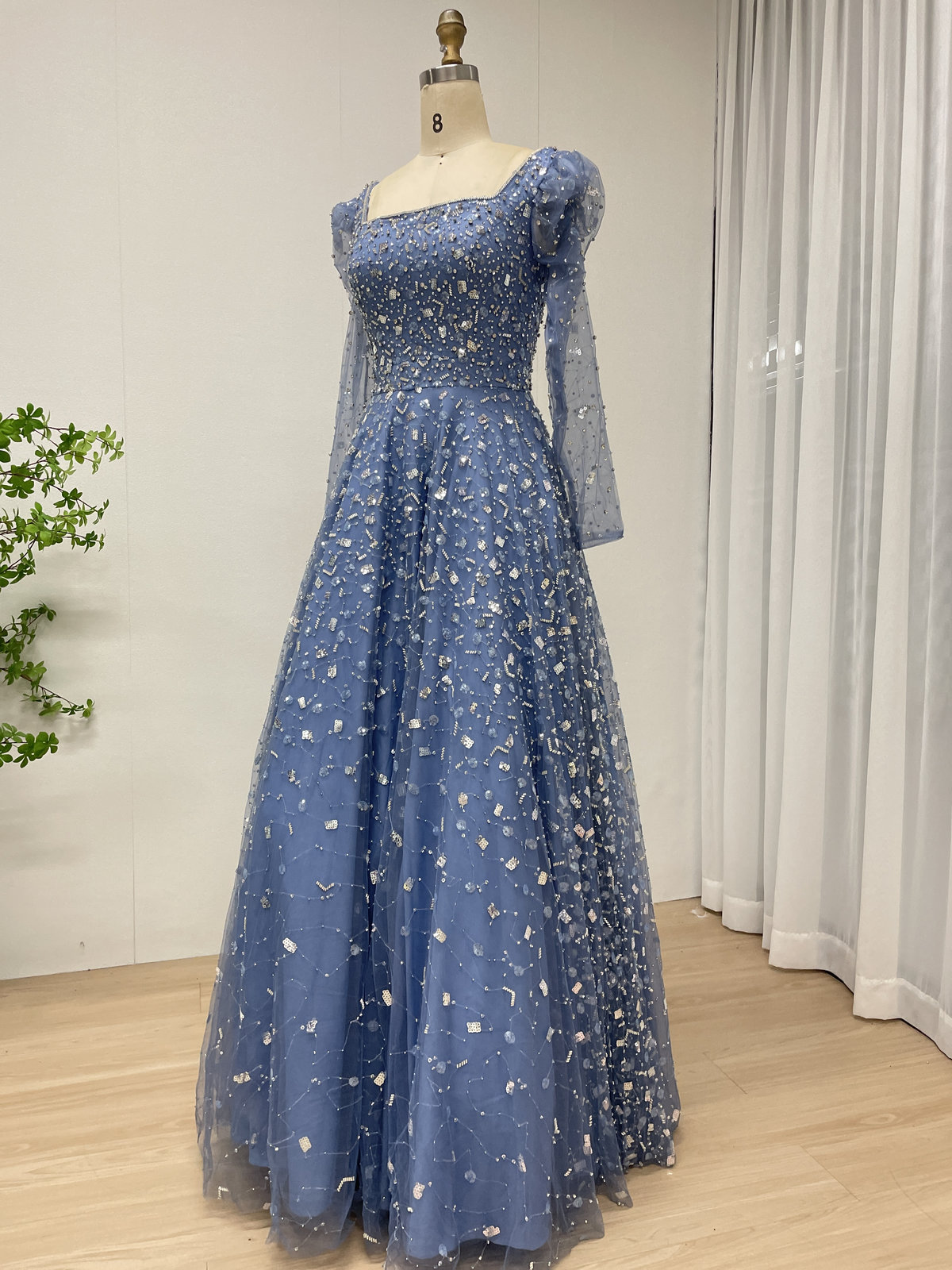 Dusty Blue A-Line Evening Gown with Long Sleeves and 3D Sequin Embellished Tulle MY30203 - 图片 3