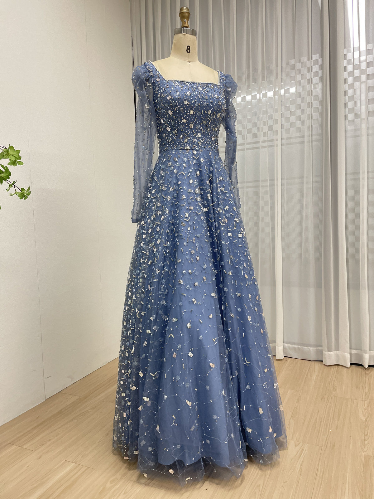 Dusty Blue A-Line Evening Gown with Long Sleeves and 3D Sequin Embellished Tulle MY30203 - 图片 2