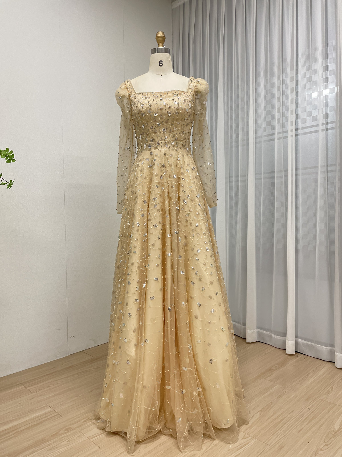 Dusty Blue A-Line Evening Gown with Long Sleeves and 3D Sequin Embellished Tulle MY30203 - 图片 6