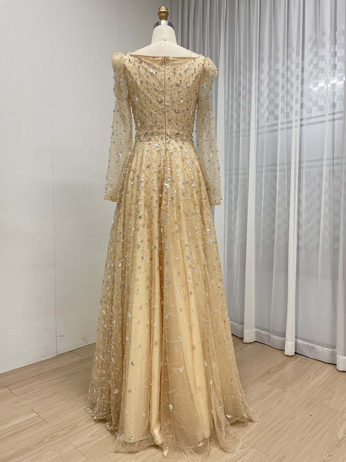 Dusty Blue A-Line Evening Gown with Long Sleeves and 3D Sequin Embellished Tulle MY30203 - 图片 9