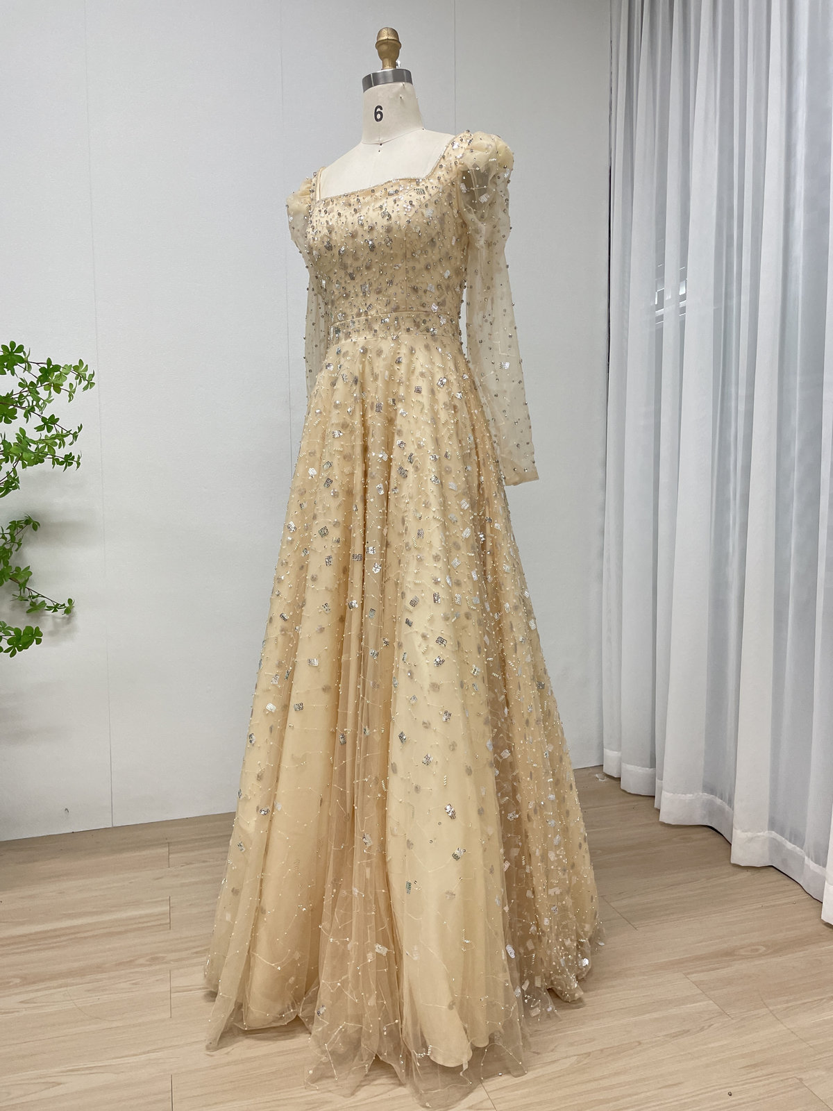 Dusty Blue A-Line Evening Gown with Long Sleeves and 3D Sequin Embellished Tulle MY30203 - 图片 8
