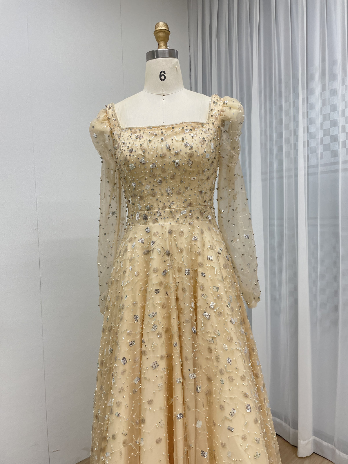 Dusty Blue A-Line Evening Gown with Long Sleeves and 3D Sequin Embellished Tulle MY30203 - 图片 7