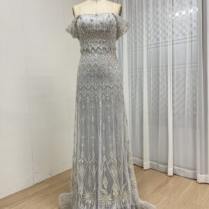 Silver Grey Off-Shoulder Lace Evening Gown with Beaded Embroidery and Soft Mermaid Silhouette MY30204