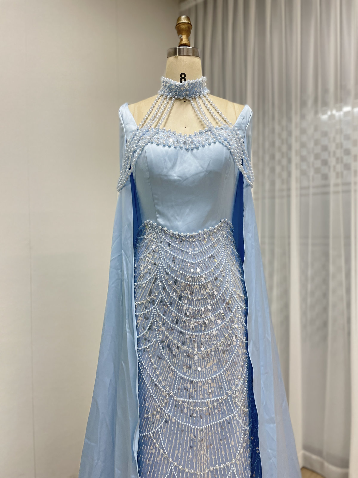 Champagne Beaded Mermaid Evening Gown with Pearl High Neck and Dramatic Satin Cape MY30205 - 图片 6