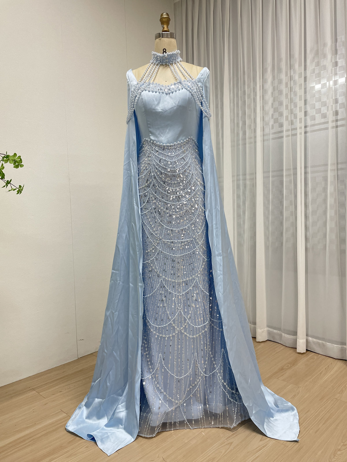Champagne Beaded Mermaid Evening Gown with Pearl High Neck and Dramatic Satin Cape MY30205 - 图片 4