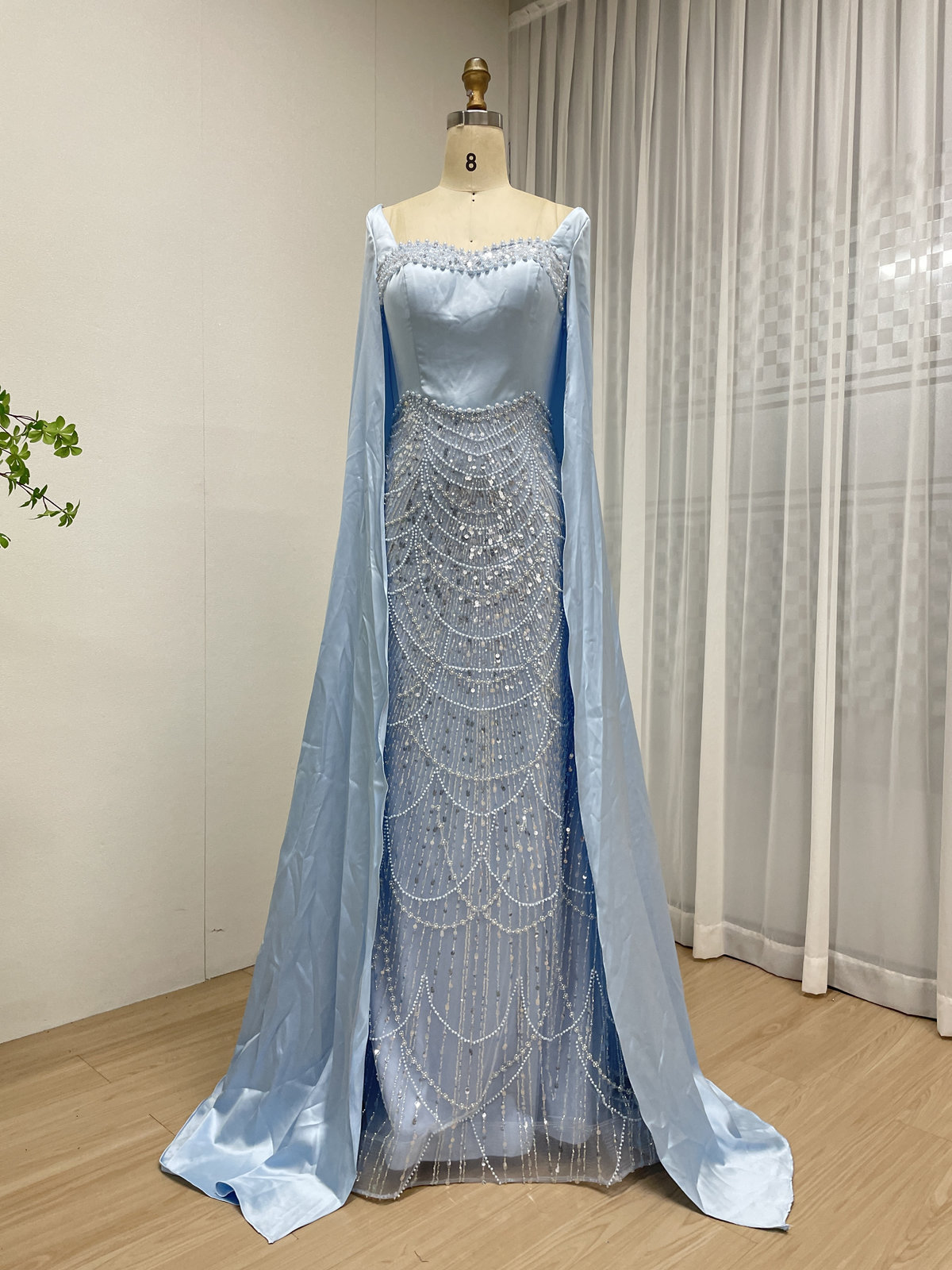 Champagne Beaded Mermaid Evening Gown with Pearl High Neck and Dramatic Satin Cape MY30205 - 图片 5