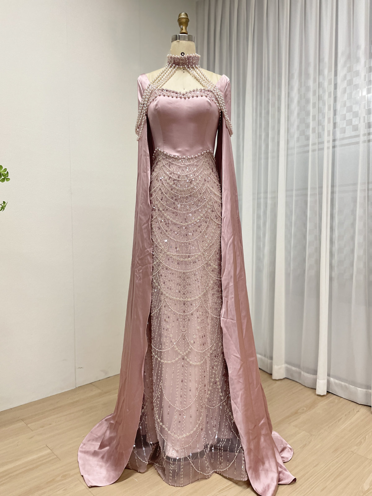 Champagne Beaded Mermaid Evening Gown with Pearl High Neck and Dramatic Satin Cape MY30205 - 图片 7