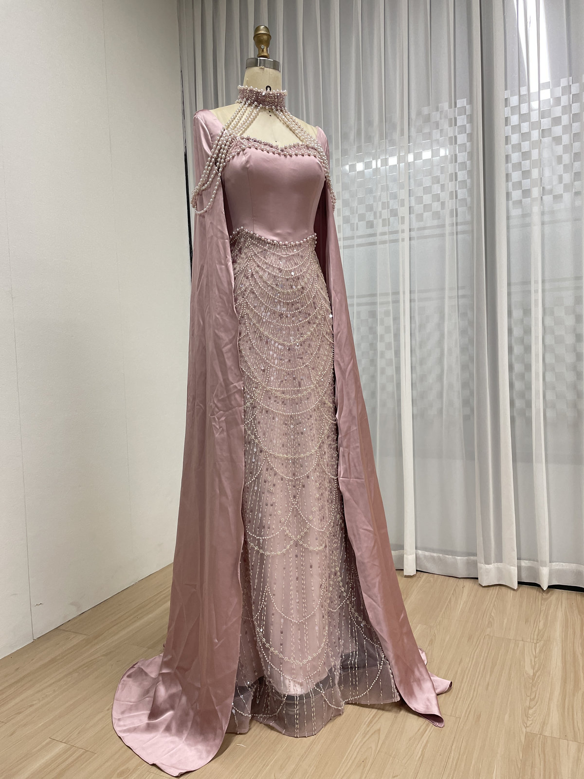 Champagne Beaded Mermaid Evening Gown with Pearl High Neck and Dramatic Satin Cape MY30205 - 图片 10