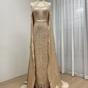 Champagne Beaded Mermaid Evening Gown with Pearl High Neck and Dramatic Satin Cape MY30205