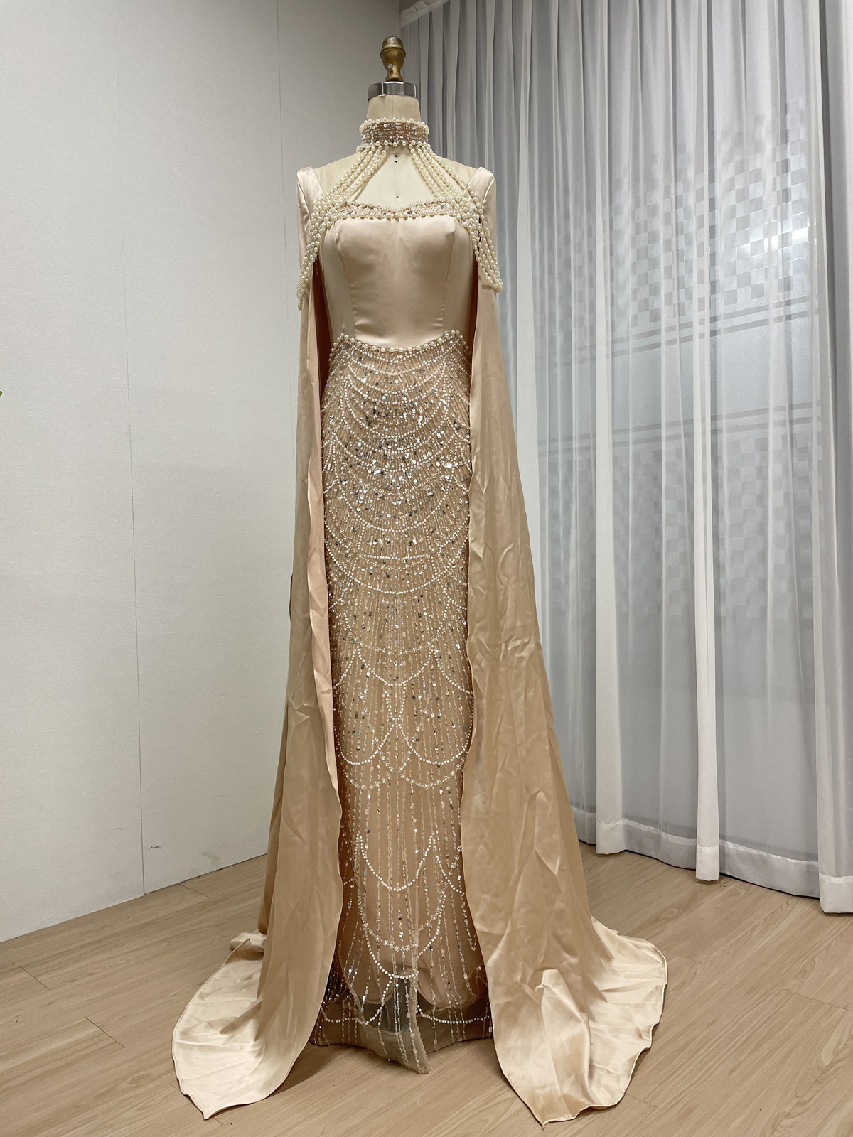 Champagne Beaded Mermaid Evening Gown with Pearl High Neck and Dramatic Satin Cape MY30205