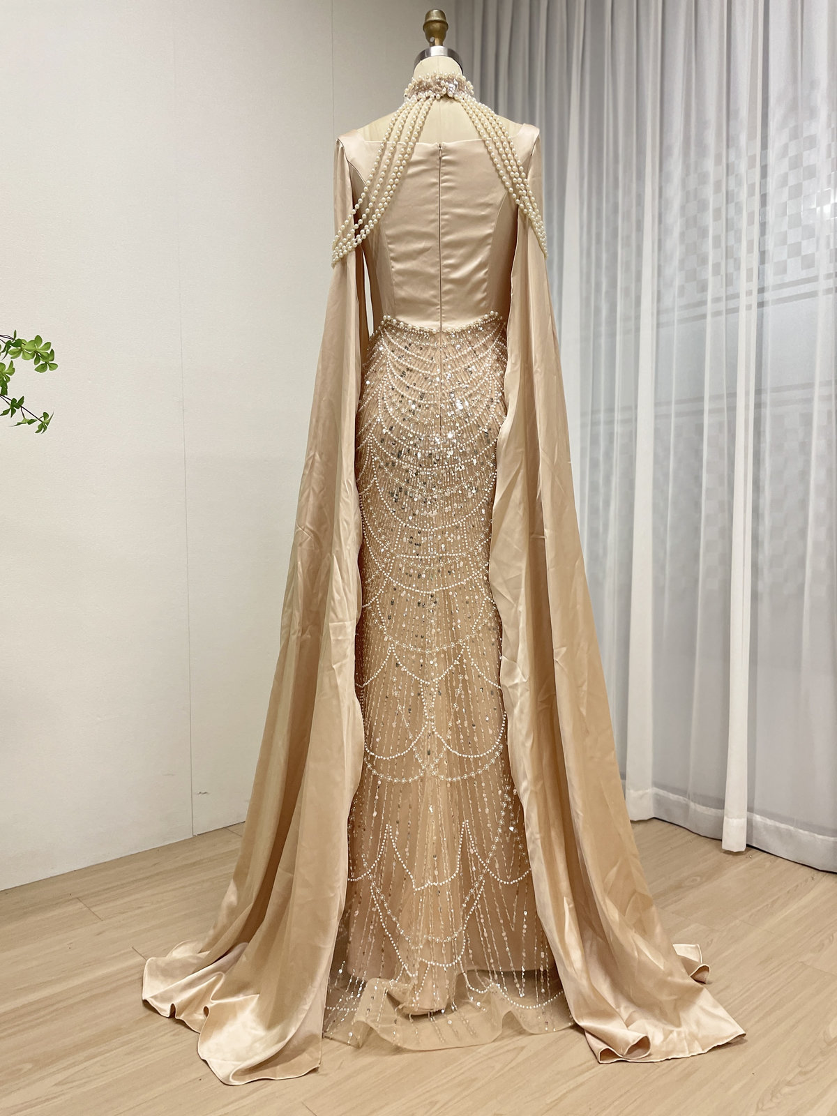 Champagne Beaded Mermaid Evening Gown with Pearl High Neck and Dramatic Satin Cape MY30205 - 图片 3