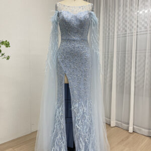 Ice Blue Off-Shoulder Feather Sleeve Mermaid Evening Gown with Beaded Details MY30206