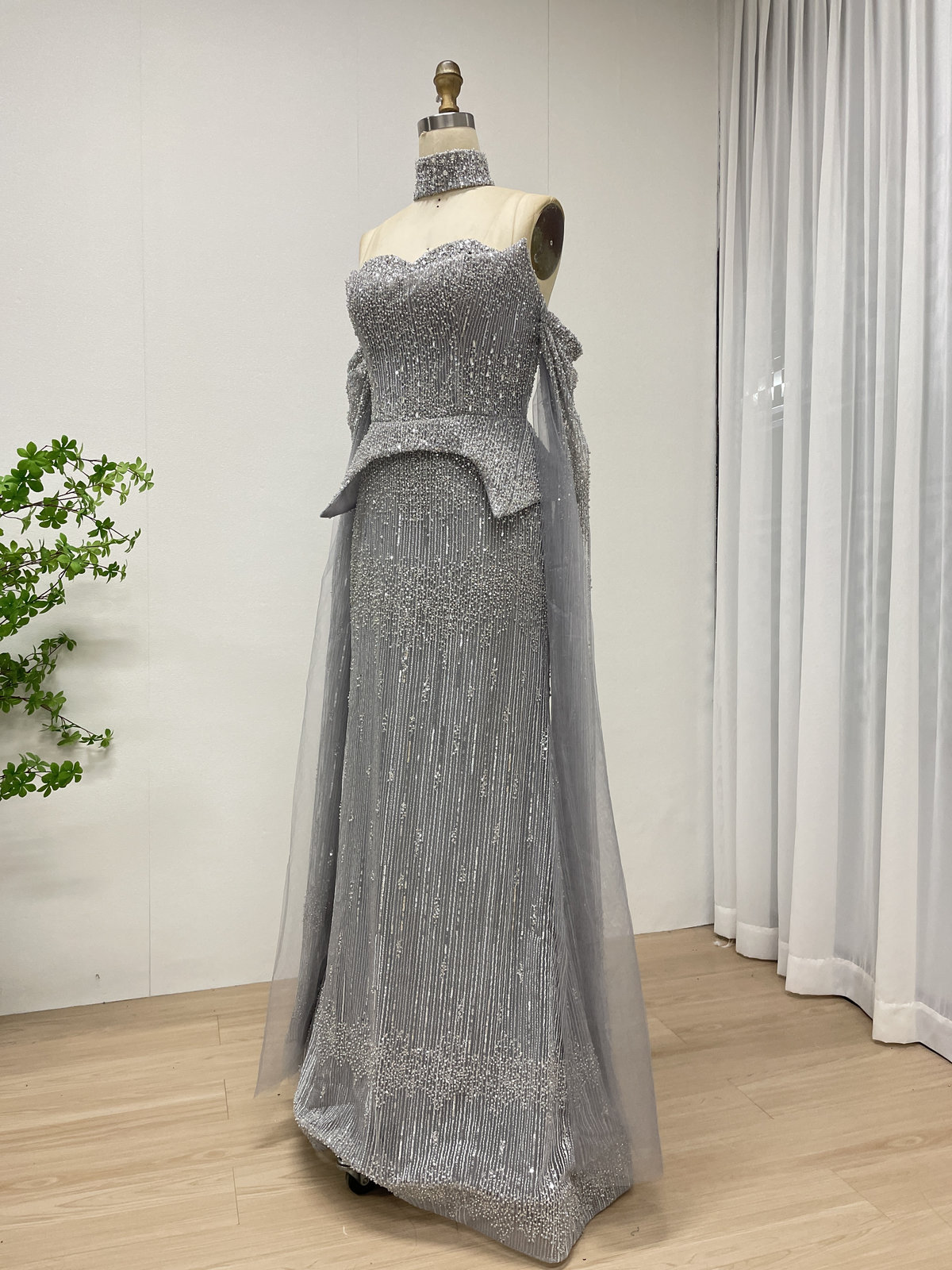 Champagne Gold Strapless Beaded Evening Gown with Peplum Waist and Detachable Sleeves MY30207 - 图片 9