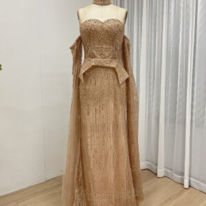 Champagne Gold Strapless Beaded Evening Gown with Peplum Waist and Detachable Sleeves MY30207