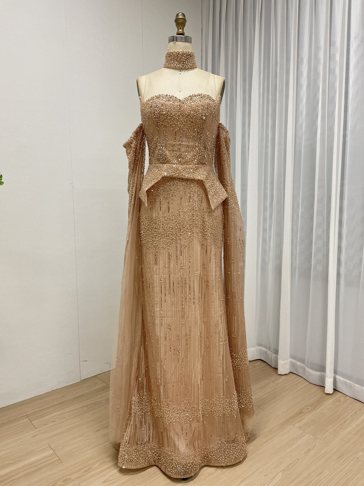 Champagne Gold Strapless Beaded Evening Gown with Peplum Waist and Detachable Sleeves MY30207