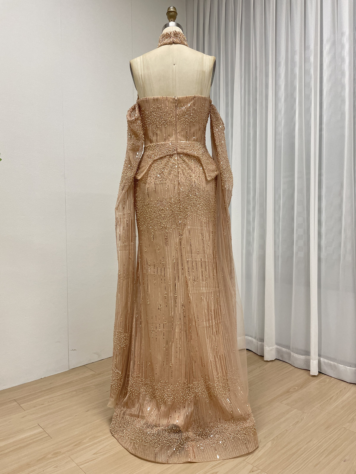 Champagne Gold Strapless Beaded Evening Gown with Peplum Waist and Detachable Sleeves MY30207 - 图片 6