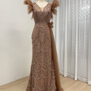 Elegant Brown Beaded Evening Dress with Flutter Sleeves and Long Side Tulle Sash – V Neck Mermaid Mother of the Bride Gown MY30208