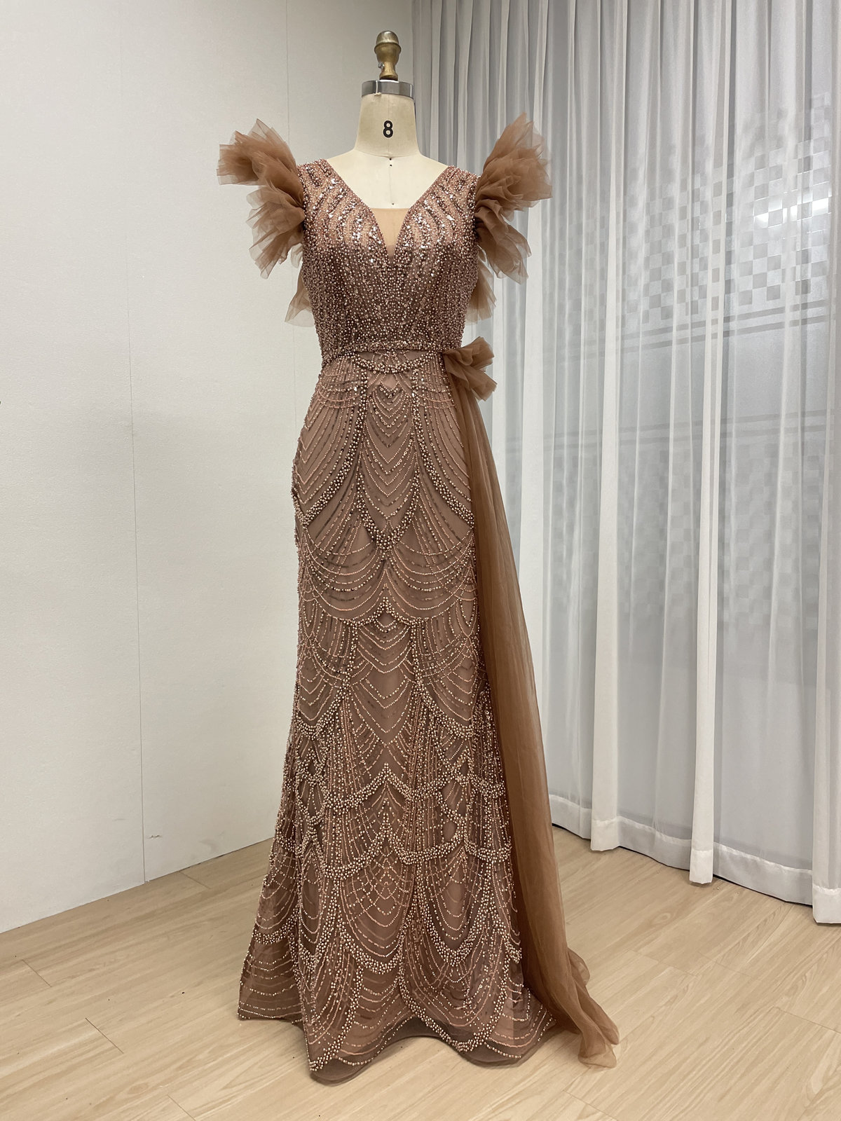 Elegant Brown Beaded Evening Dress with Flutter Sleeves and Long Side Tulle Sash – V Neck Mermaid Mother of the Bride Gown MY30208