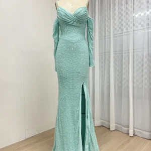 Aqua Blue Sequin Slit Evening Gown with Spaghetti Straps & Detachable Sleeves MY30186