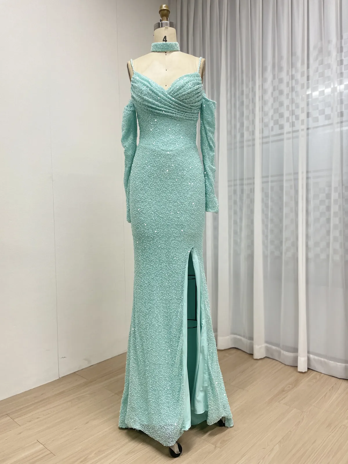 Aqua Blue Sequin Slit Evening Gown with Spaghetti Straps & Detachable Sleeves MY30186