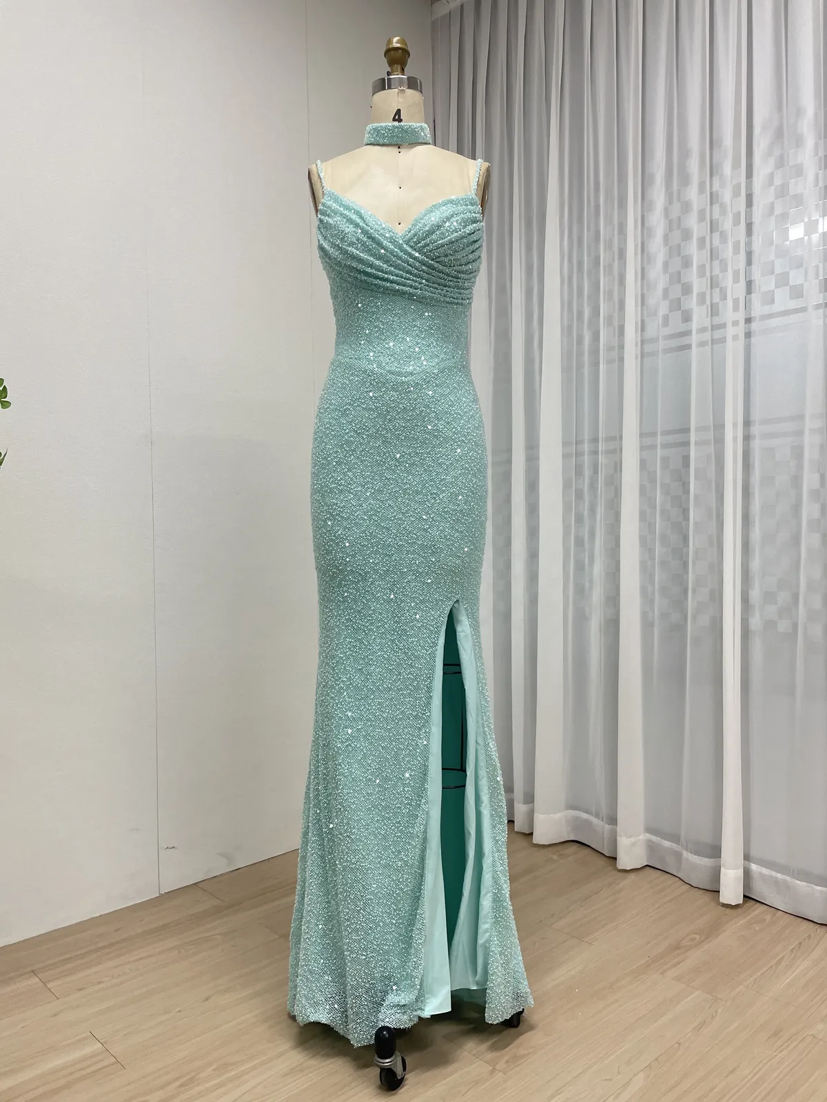 Aqua Blue Sequin Slit Evening Gown with Spaghetti Straps & Detachable Sleeves MY30186 - 图片 2