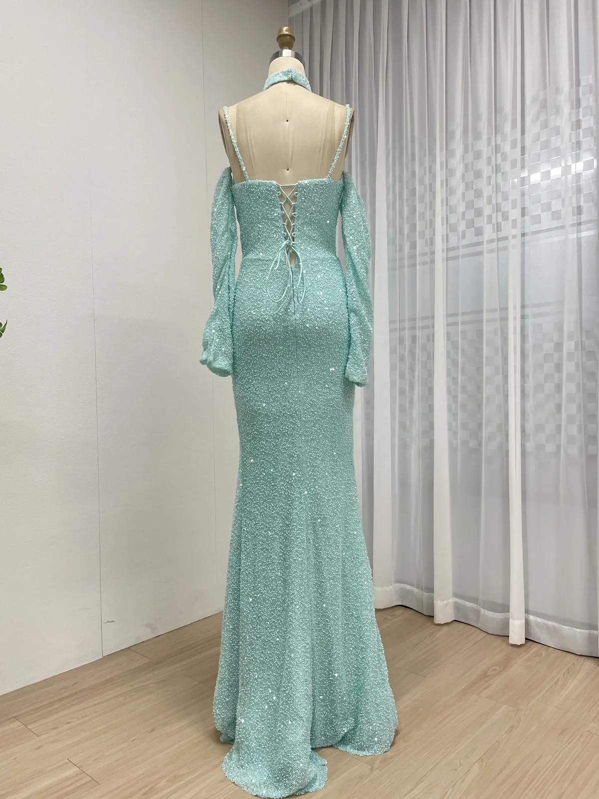 Aqua Blue Sequin Slit Evening Gown with Spaghetti Straps & Detachable Sleeves MY30186 - 图片 5