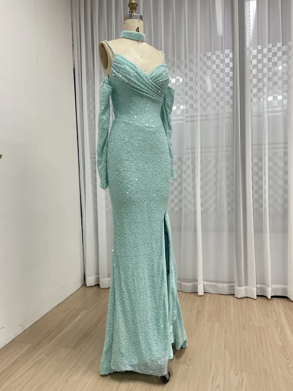 Aqua Blue Sequin Slit Evening Gown with Spaghetti Straps & Detachable Sleeves MY30186 - 图片 4