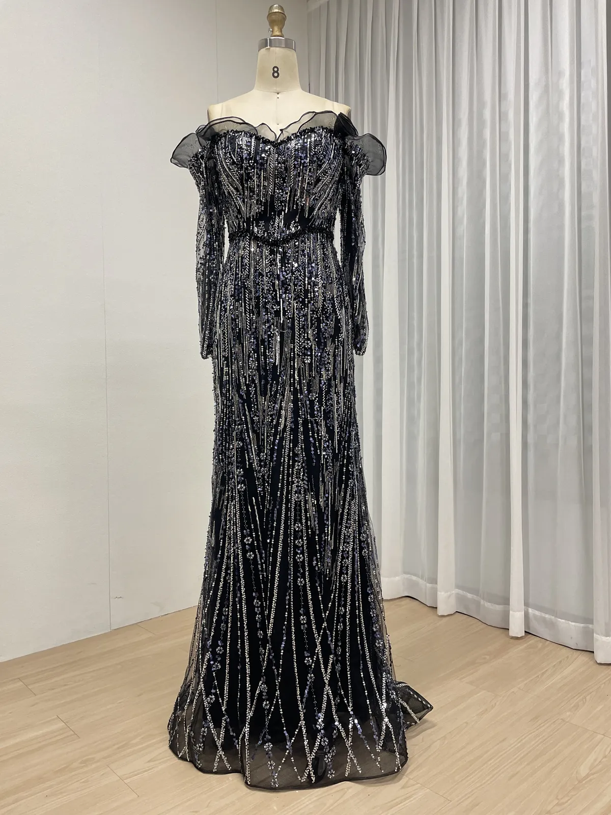 Champagne Long Sleeve Beaded Gown with Structured Shoulders MY30219 - 图片 6
