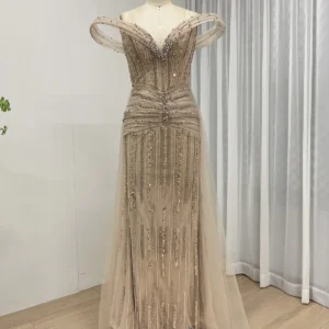 Champagne Beaded Mermaid Off-Shoulder Wedding Reception Dress MY30158