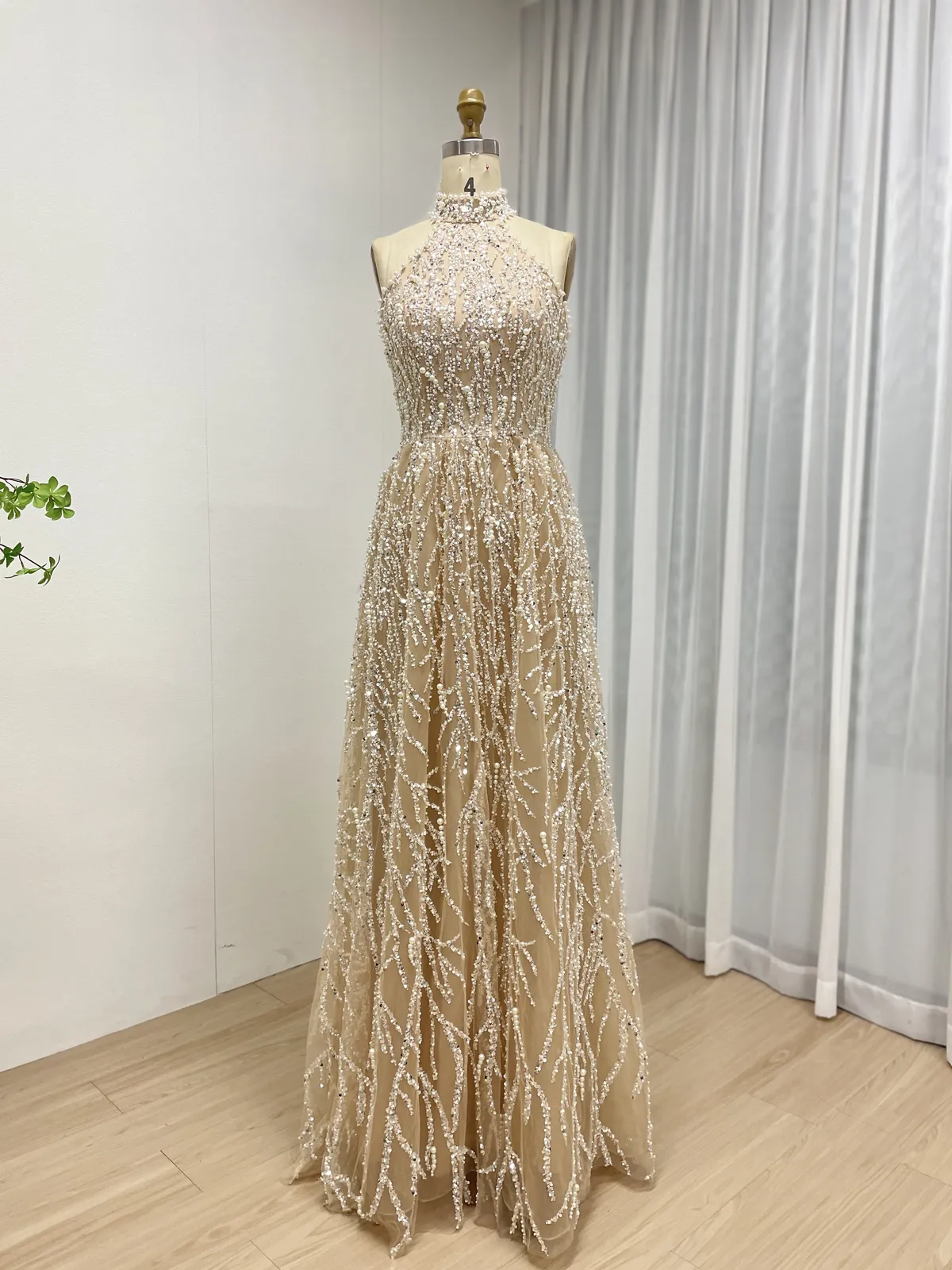 Champagne Halter Evening Gown with Botanical Branch Beadwork MY30223 - 图片 3