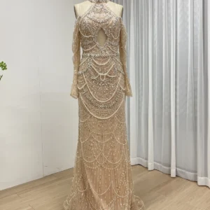 Champagne Halter Evening Gown with Crystal Pearl Swag & Cold-Shoulder Detail MY30218