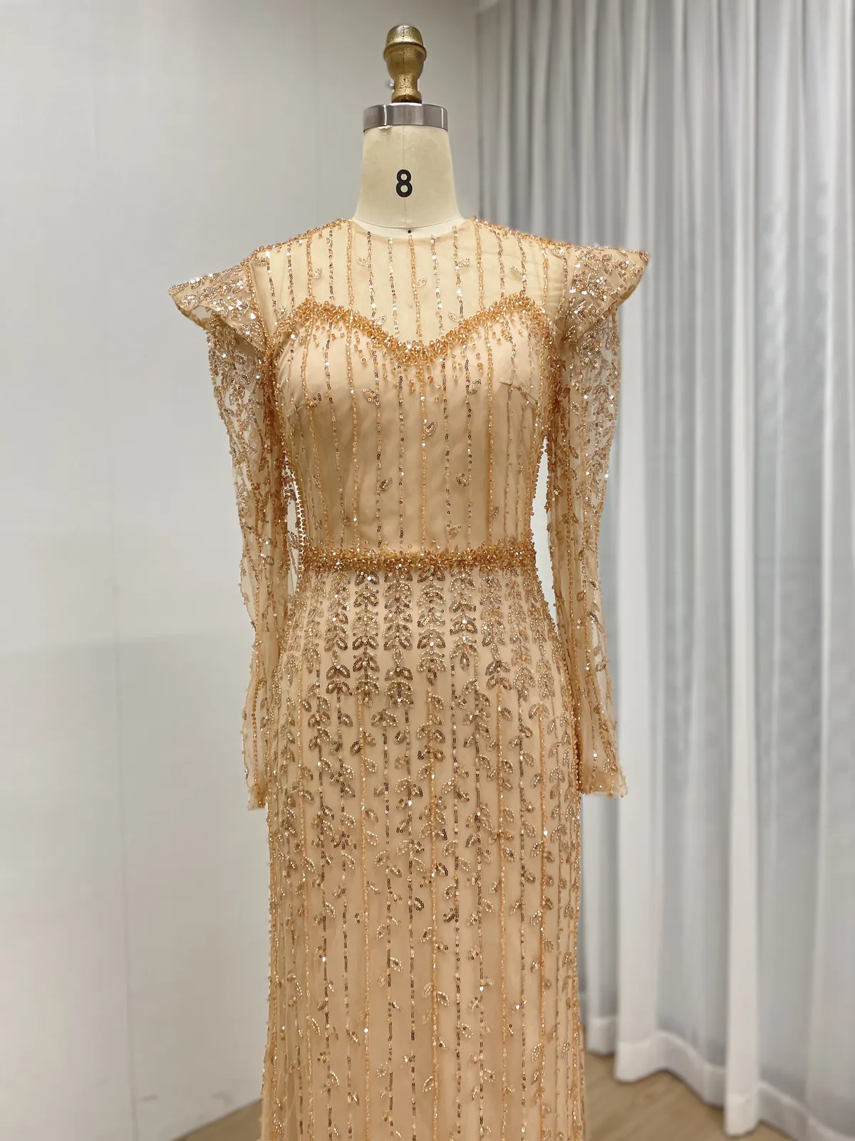 Champagne Long Sleeve Beaded Gown with Structured Shoulders MY30219 - 图片 4