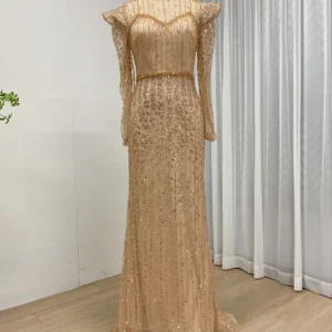 Champagne Long Sleeve Beaded Gown with Structured Shoulders MY30219