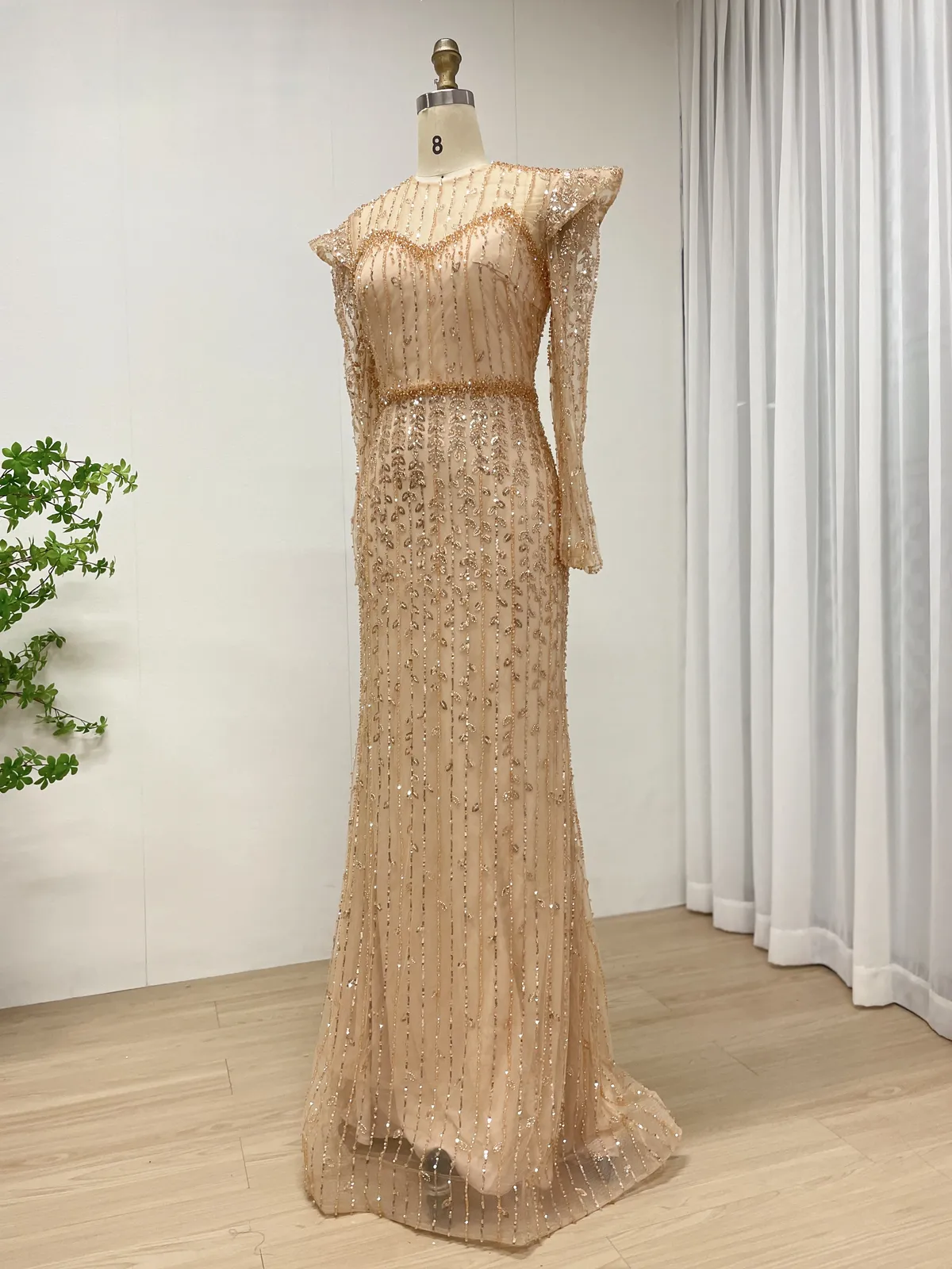 Champagne Long Sleeve Beaded Gown with Structured Shoulders MY30219 - 图片 3