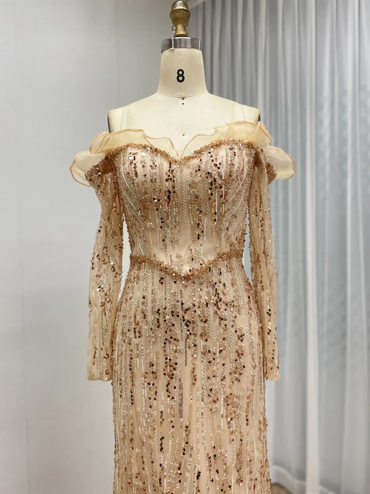 Champagne Off-the-Shoulder Beaded Gown with Ruffled Neckline & Long Sleeves MY30220 - 图片 3