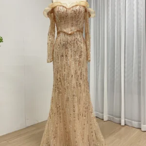 Champagne Off-the-Shoulder Beaded Gown with Ruffled Neckline & Long Sleeves MY30220