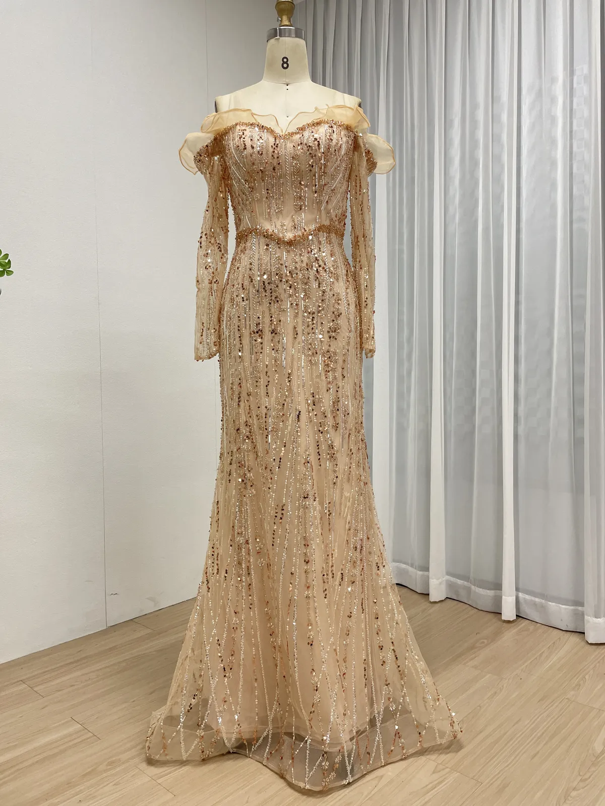 Champagne Off-the-Shoulder Beaded Gown with Ruffled Neckline & Long Sleeves MY30220