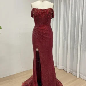 Crimson Red Off-the-Shoulder Jewel-Encrusted Mermaid Gown – MB40447