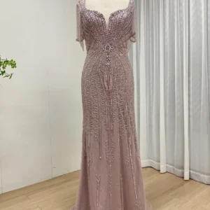 Dusty Rose Symmetrical Beaded Evening Gown with Fringe Sleeves – MB40343-2